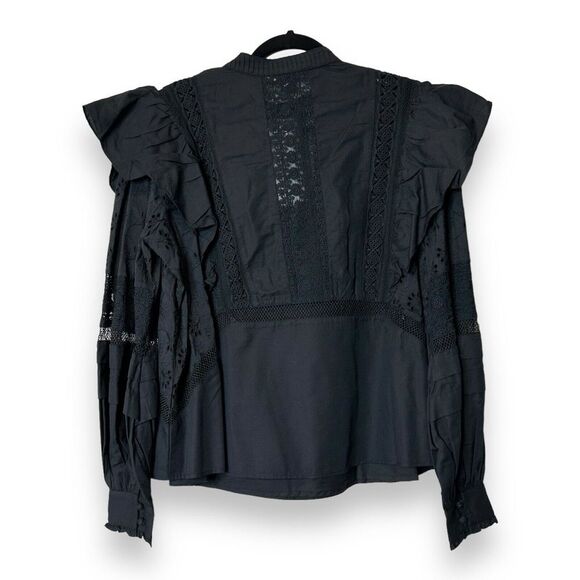 All Saints Aubrey Black Embroidered Frill Broderie Prim Blouse Top Black Size 12 - Picture 2 of 5